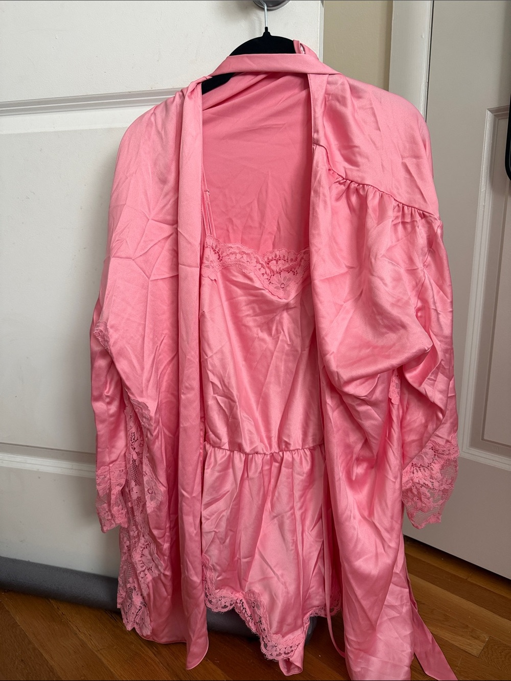 Pink Satin Lace Robe and Slip Set